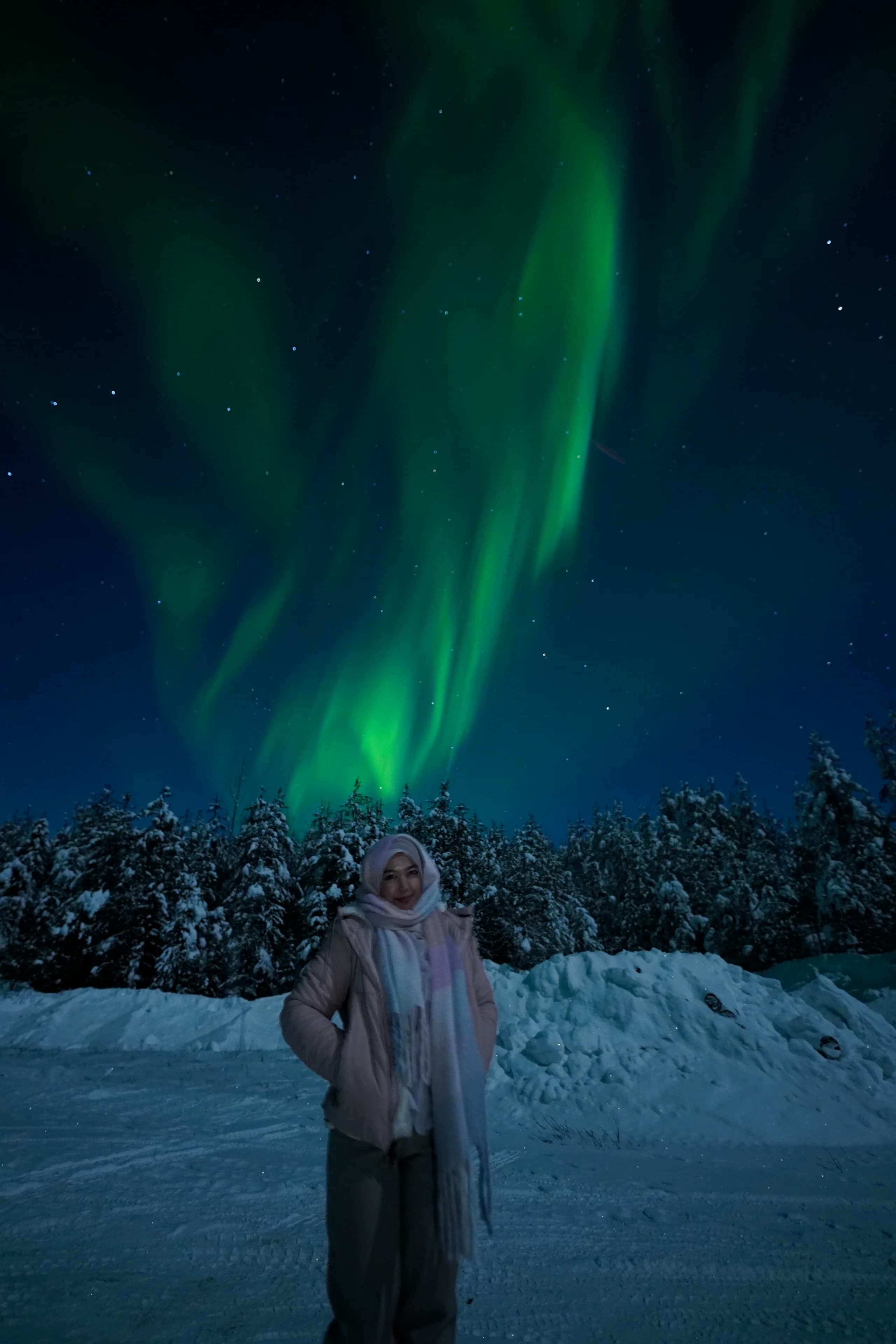 Aurora over a snowy forest near Rovaniemi